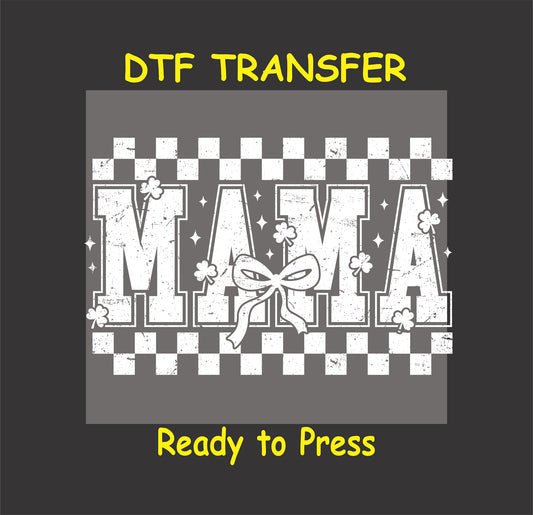St. Patrick’s Day DTF transfer with "MAMA" text, shamrocks, checkerboard pattern, and bow.