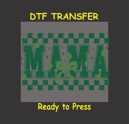 Green St. Patrick’s Day DTF transfer with "MAMA" text, shamrocks, checkerboard pattern, and bow.