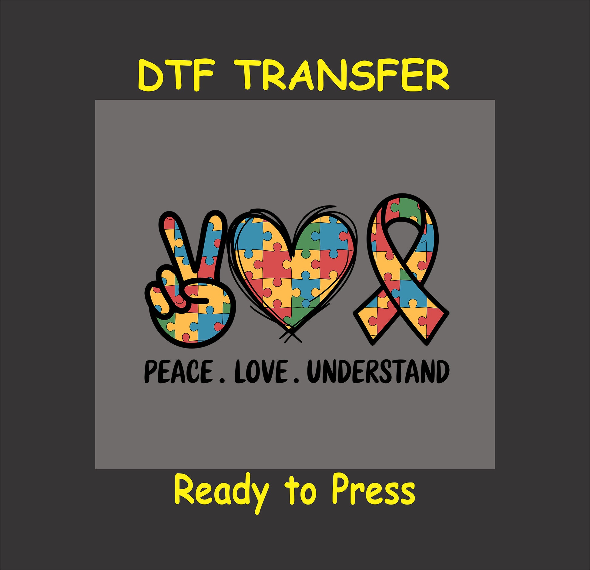Autism Awareness DTF transfer with a peace sign, heart, and ribbon in a puzzle piece pattern.