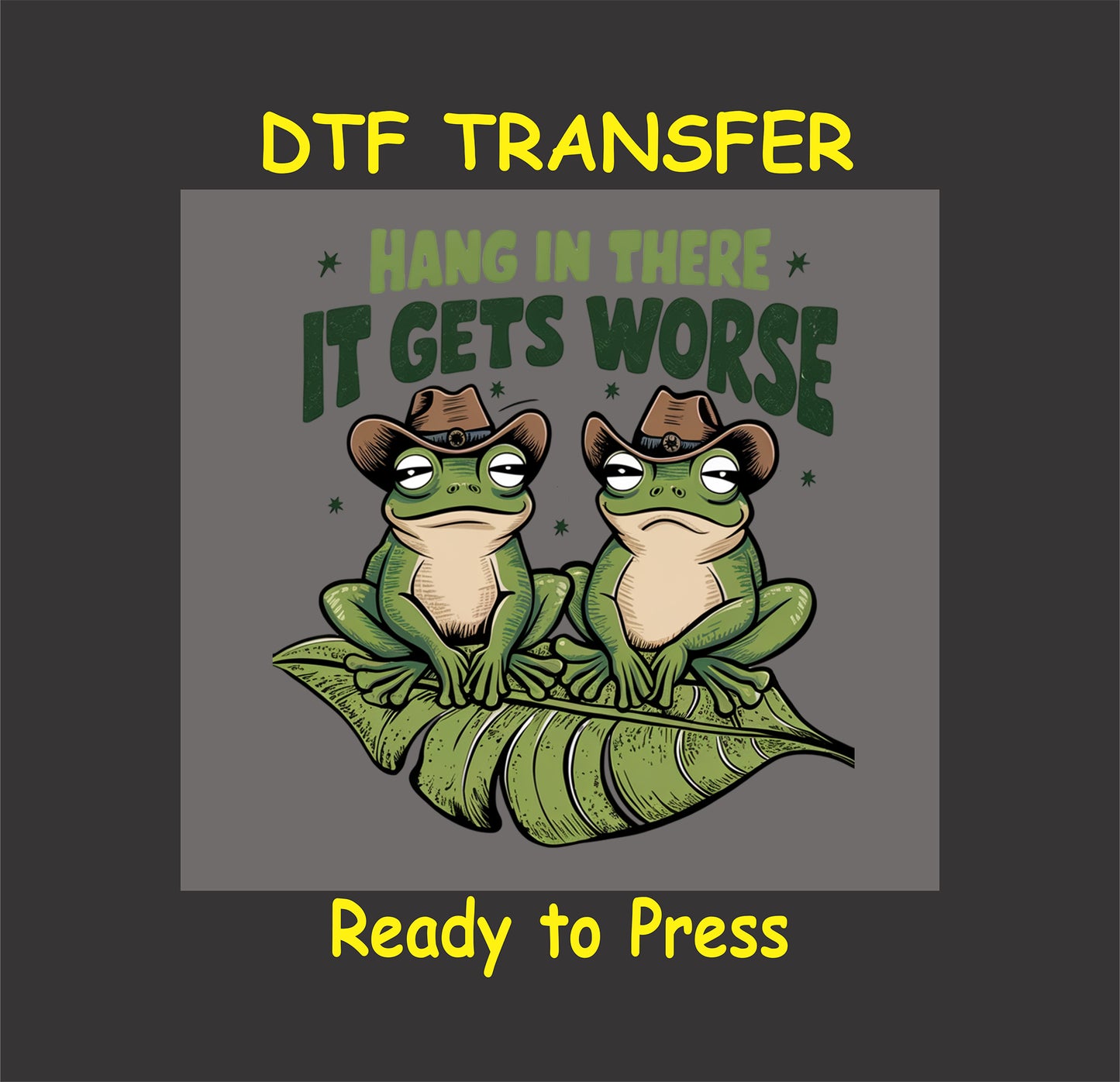 Funny frog DTF transfer with cowboy-hat frogs and the phrase "Hang in There, It Gets Worse."