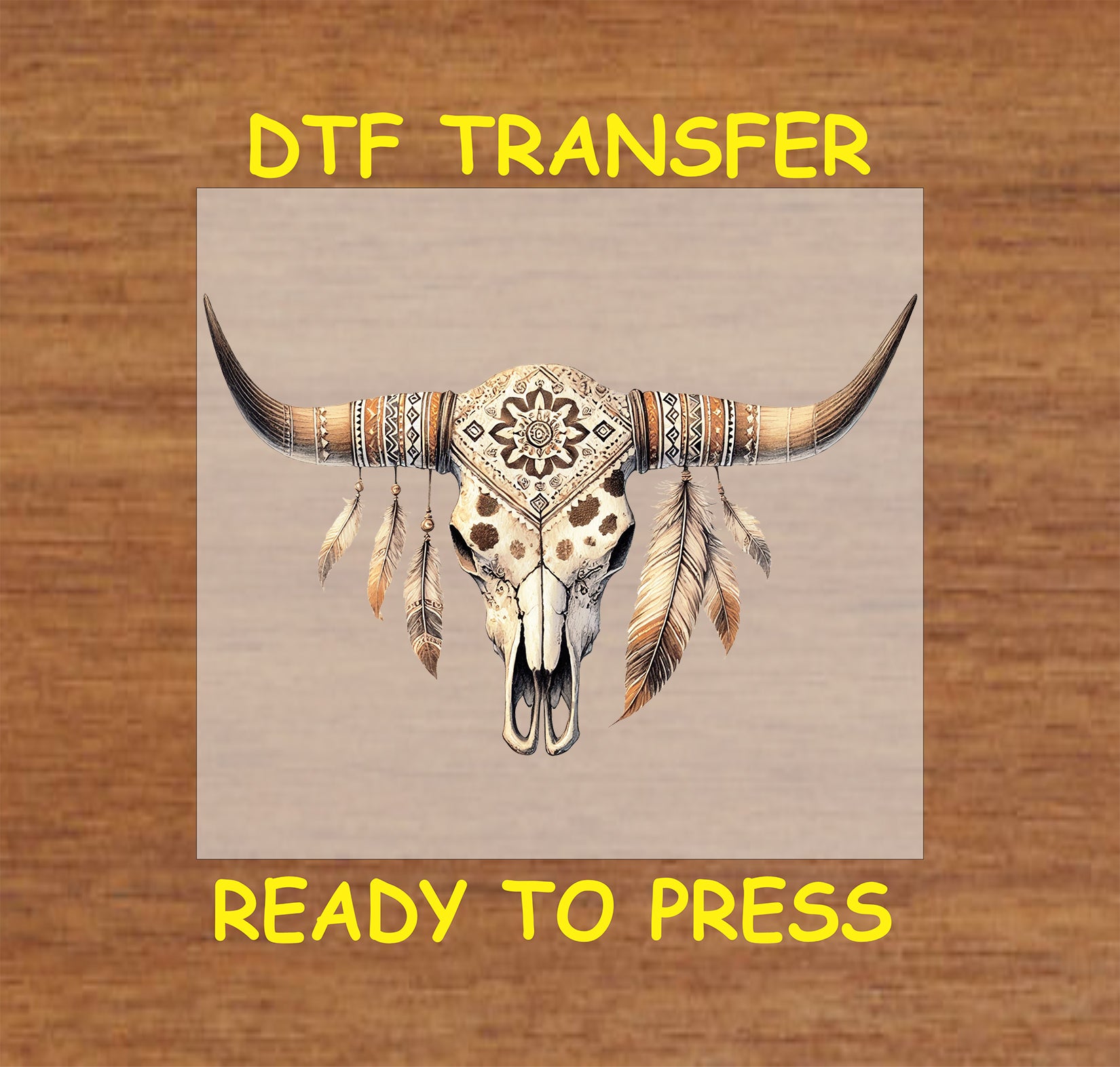 Western longhorn skull with tribal patterns and feather accents.