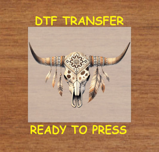 Western longhorn skull with tribal patterns and feather accents.