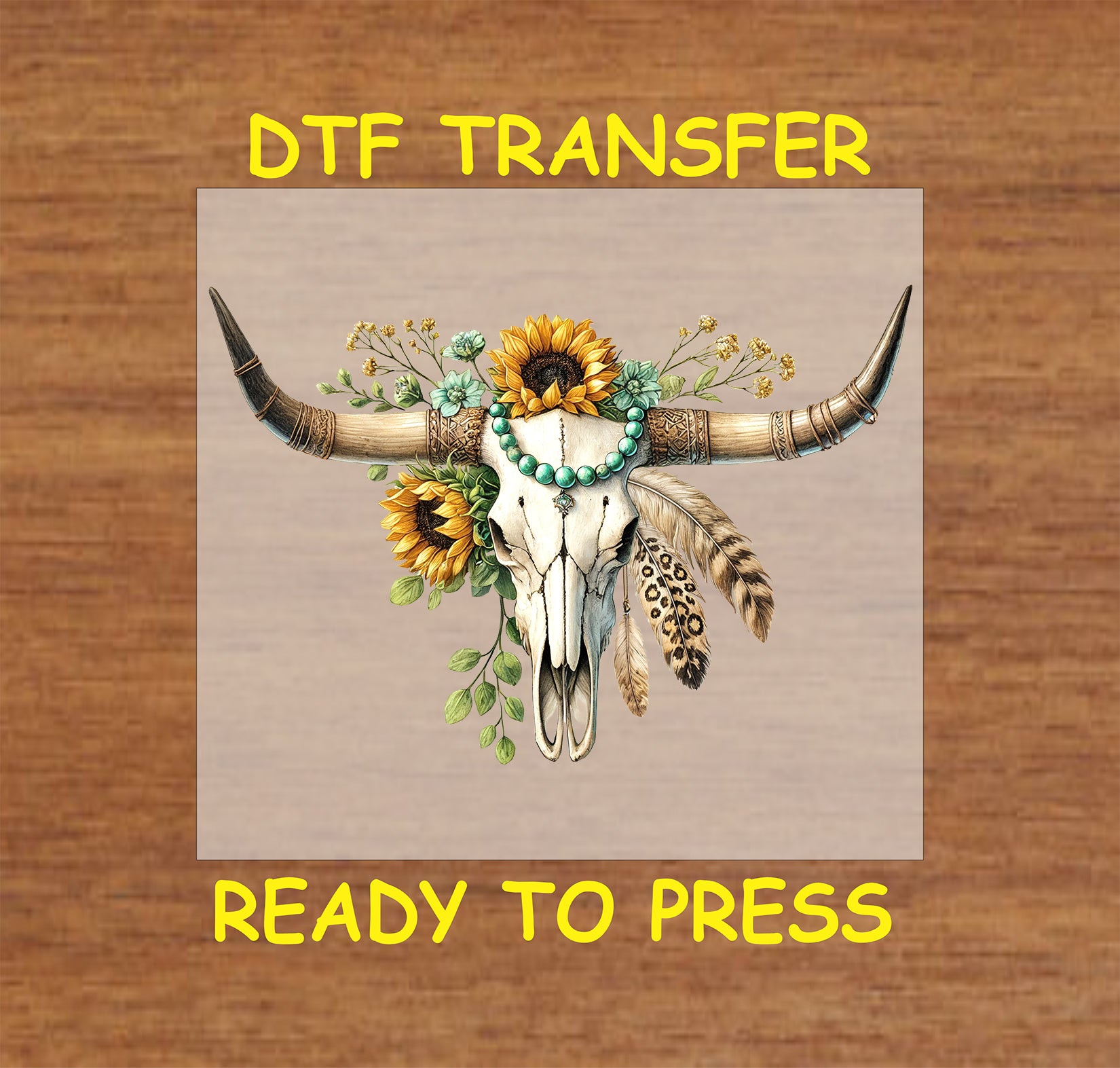 Western longhorn skull with sunflowers, turquoise beads, and feathers.