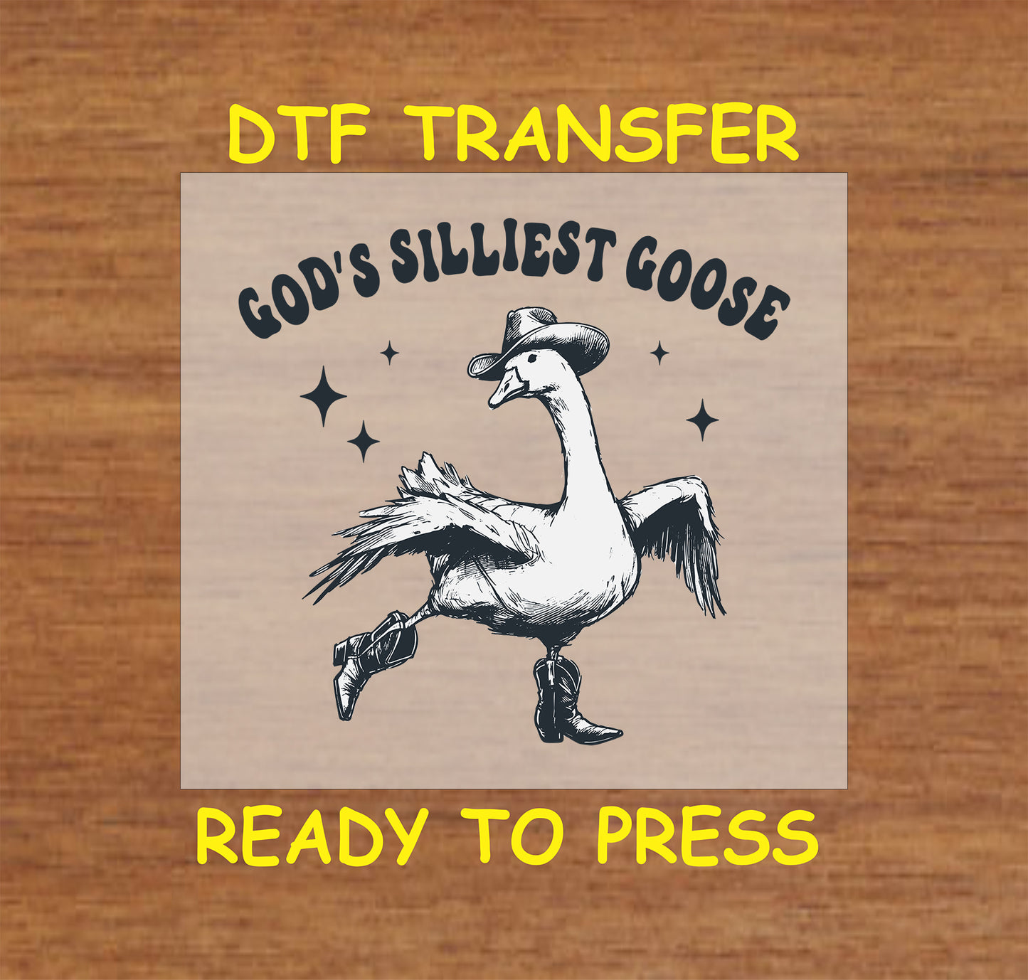 Funny cowboy goose wearing boots and a hat with "God’s Silliest Goose" text.