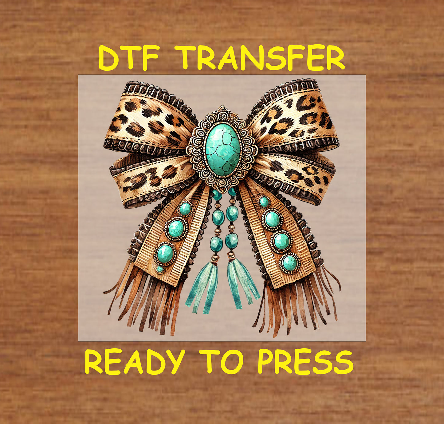 Leopard print bow with turquoise stones, beaded details, and fringe accents.