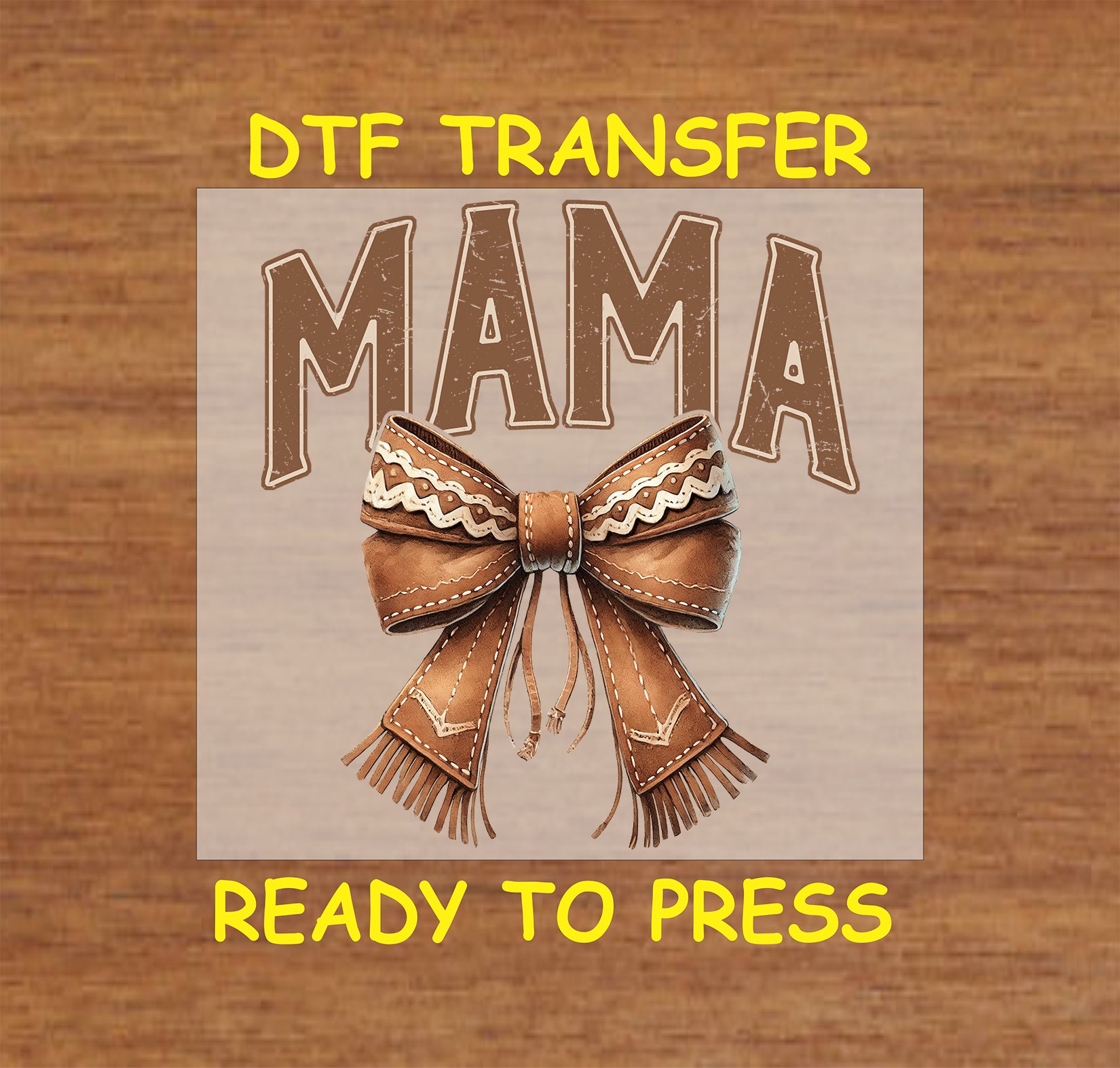 Western-style "MAMA" text with a leather-textured bow and fringe details.