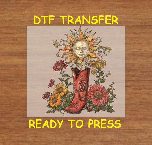 Western sun and red cowboy boot DTF transfer with wildflowers.