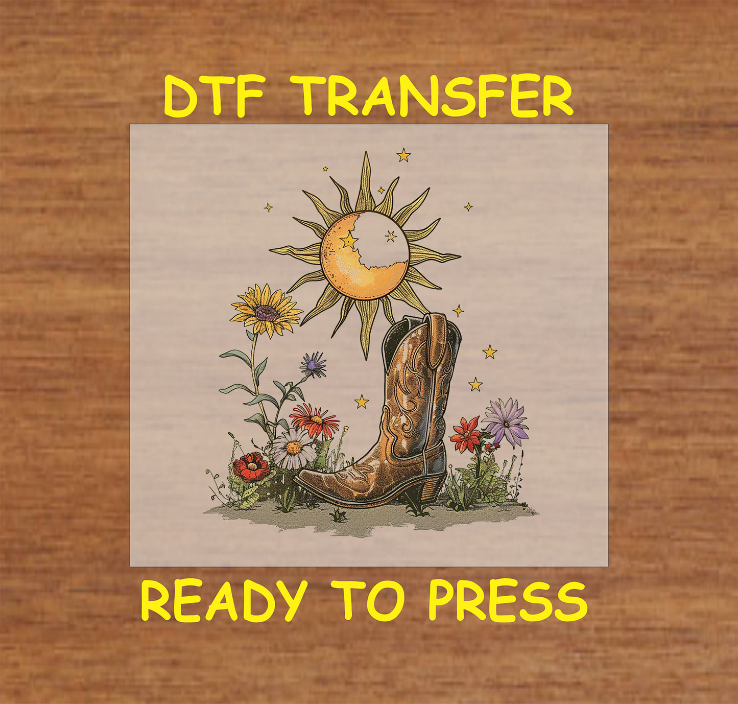 Cowboy boot DTF transfer with a sun, stars, and wildflowers in a rustic Western style.