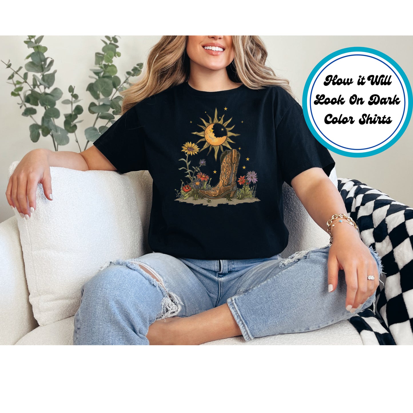 Western DTF Transfer Iron On Heat Transfer - Ready to Press, Celestial Western Boot DTF Transfer 5574