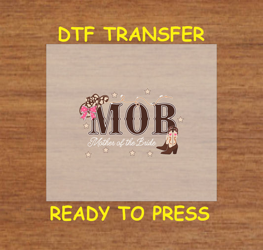 Mother of the Bride Western DTF transfer with cowgirl boots, rope, and pink bow.