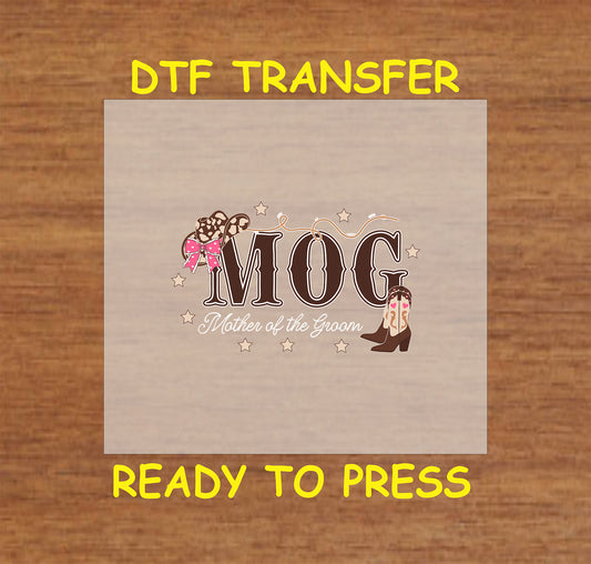 Mother of the Groom Western DTF transfer with cowgirl boots, rope, and pink bow.