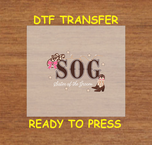 Western-themed DTF transfer with cowgirl boots, bows, and wedding-related text.