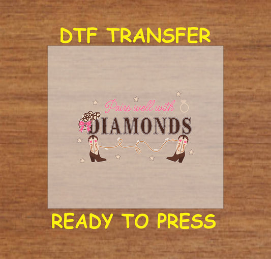 Western wedding DTF transfer featuring cowgirl boots, lassos, and "Pairs Well with Diamonds" text.