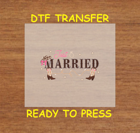 Just Married Western Wedding DTF transfer with cowboy boots and rope accents.