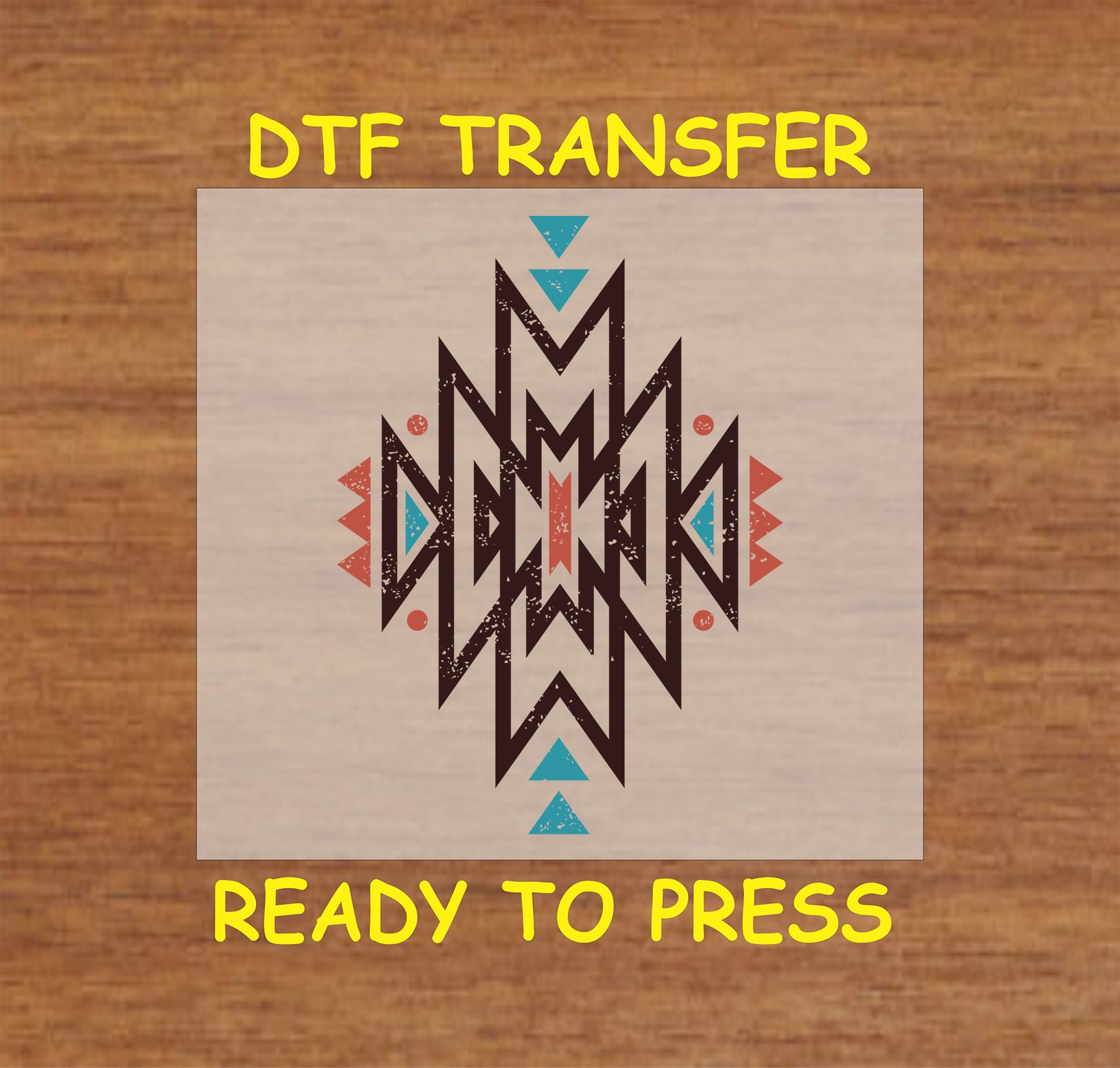 Western Aztec DTF transfer with a geometric tribal design in earthy tones.