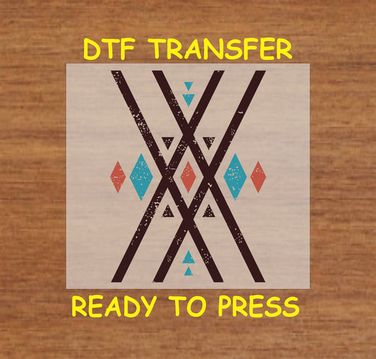 Western Aztec DTF transfer with a distressed X-shaped geometric tribal pattern in earthy tones.