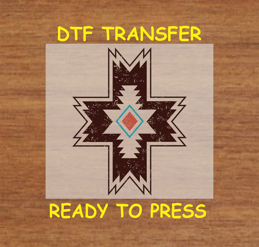 Western Aztec DTF transfer with a bold cross and tribal diamond pattern in earthy tones.
