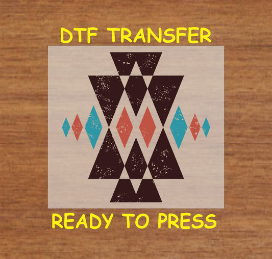 Western Aztec DTF transfer with geometric triangle and diamond pattern in earthy tones.