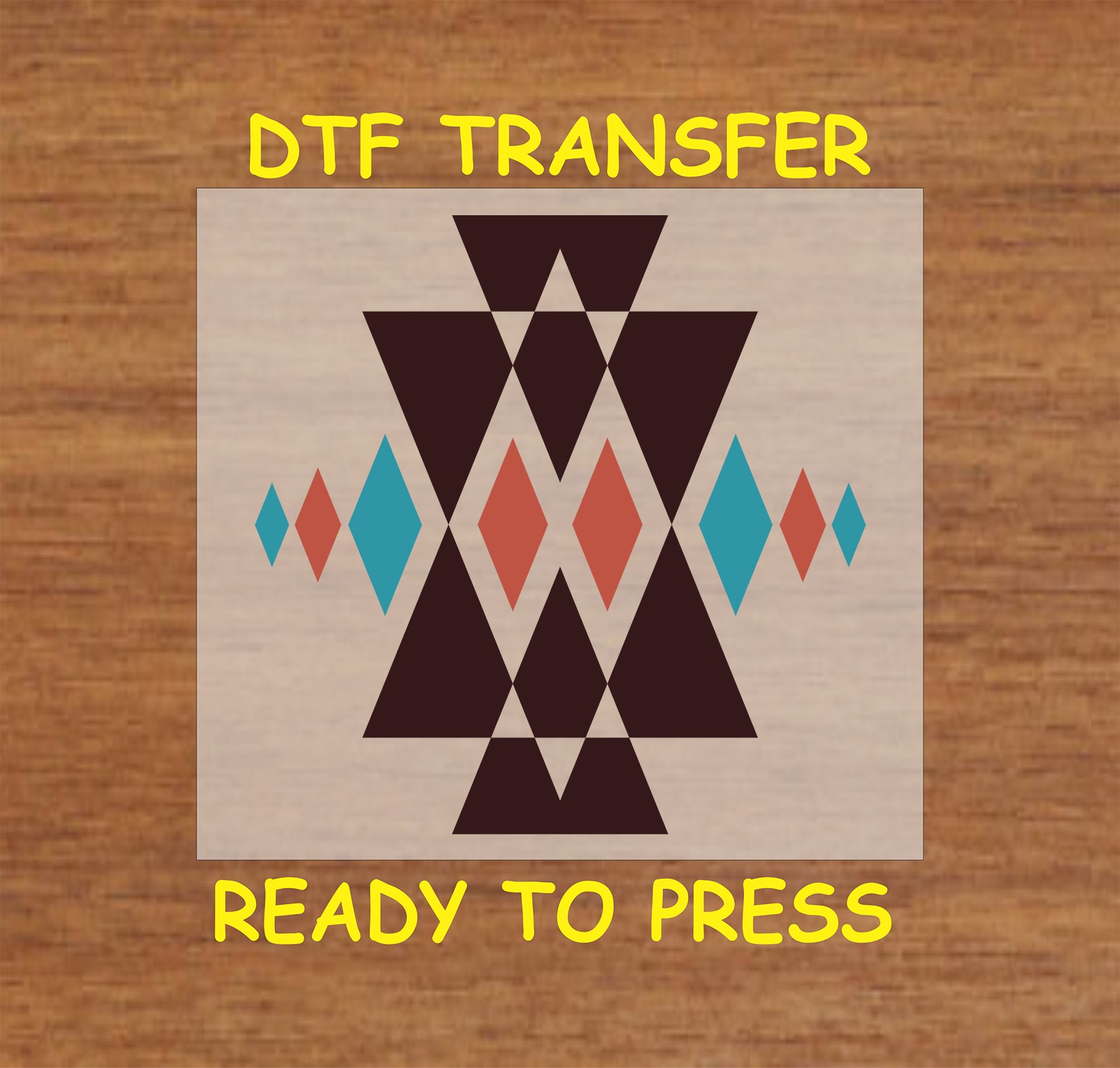 Western Aztec DTF transfer with a bold triangle geometric tribal pattern in earthy colors.