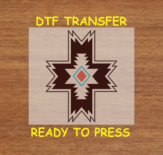 Western Aztec cross DTF transfer with geometric tribal details in earthy colors.