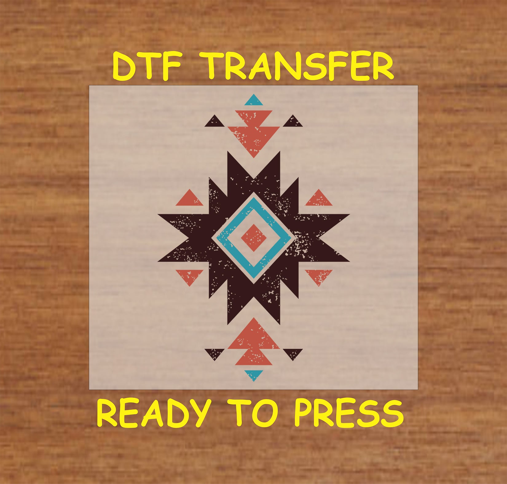 Western Aztec starburst DTF transfer with distressed geometric tribal design.