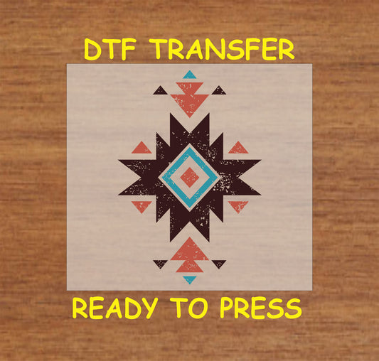 Western Aztec starburst DTF transfer with distressed geometric tribal design.