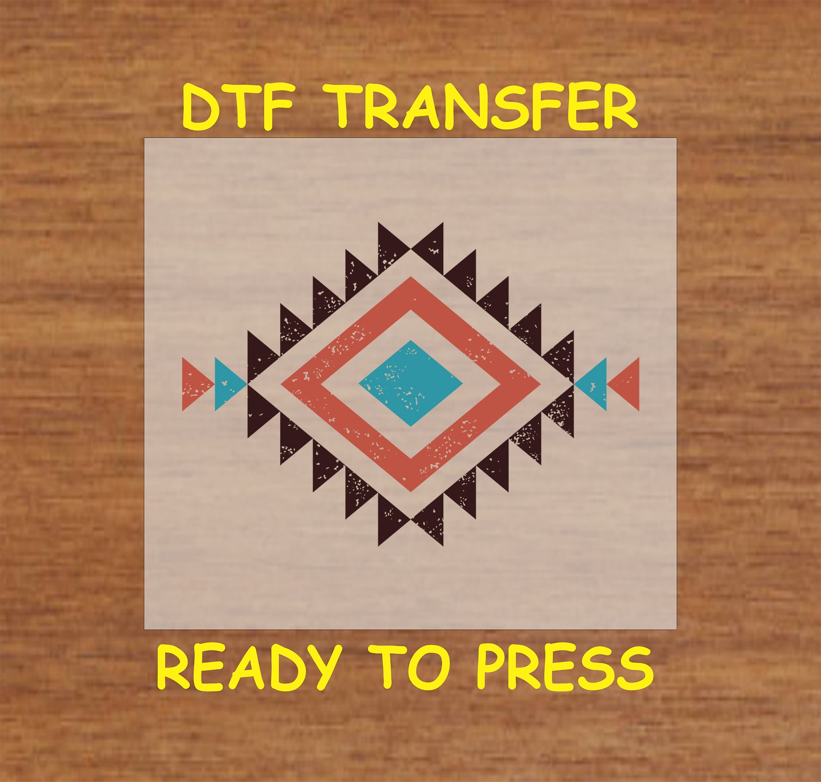 Western Aztec diamond DTF transfer with a distressed geometric tribal pattern.