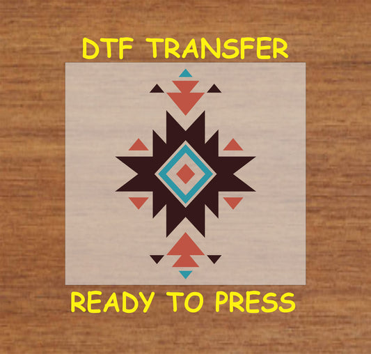 Western Aztec starburst DTF transfer with a bold geometric tribal pattern.