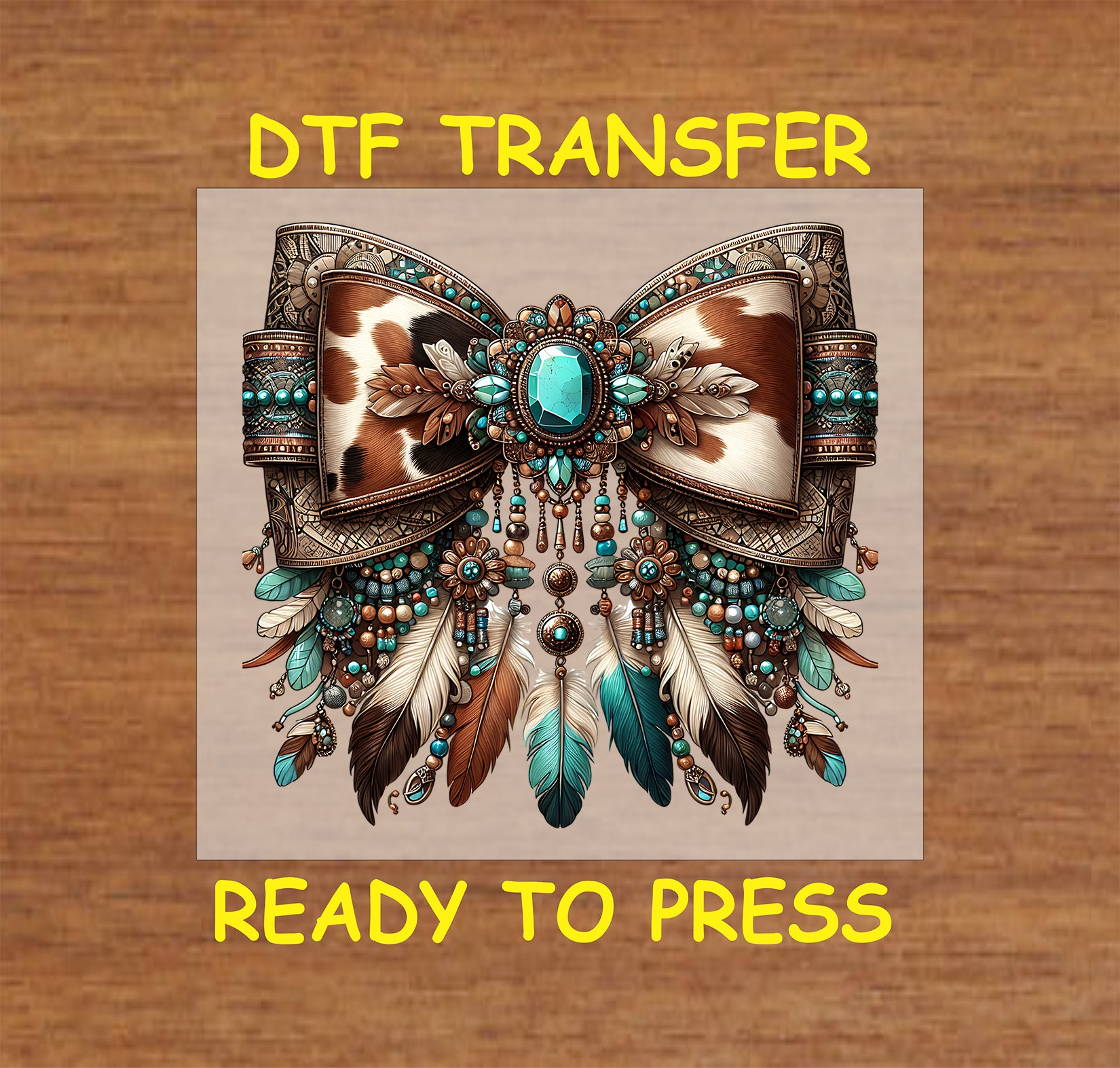 Western DTF transfer with cow print bow, turquoise gemstones, and feather details.