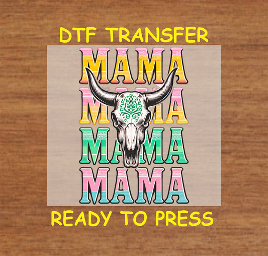 Western-style DTF transfer with a longhorn skull and colorful "MAMA" text in boho colors.