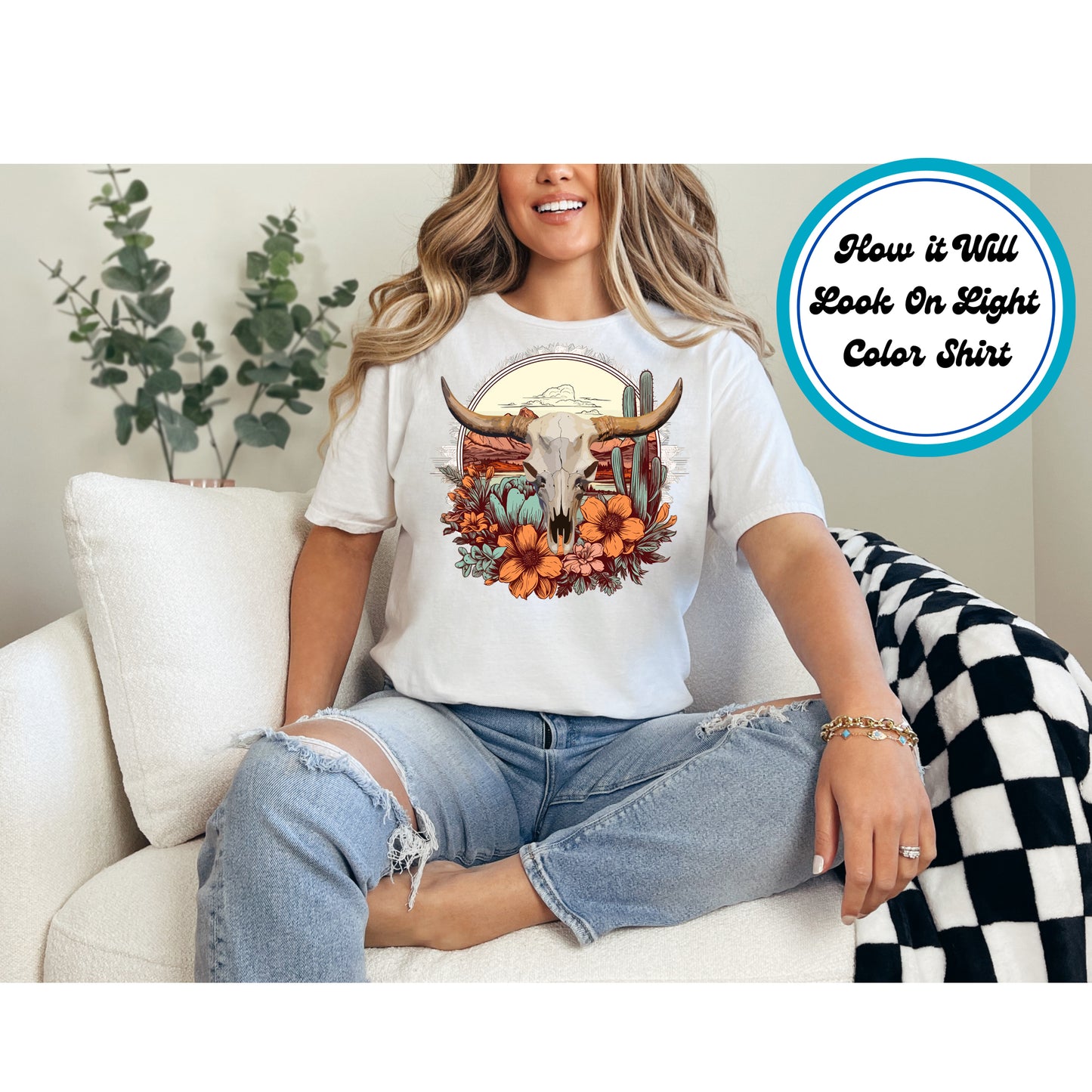 Western DTF Transfer Iron On Heat Transfer - Ready to Press, Floral Longhorn Skull DTF Transfer 5622