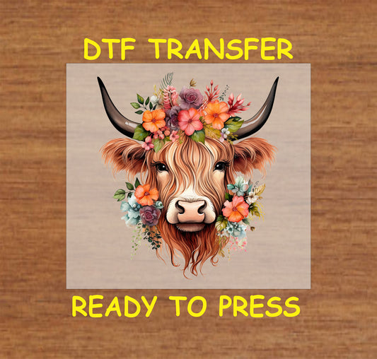 Highland cow with floral crown in a Western-style DTF transfer design.