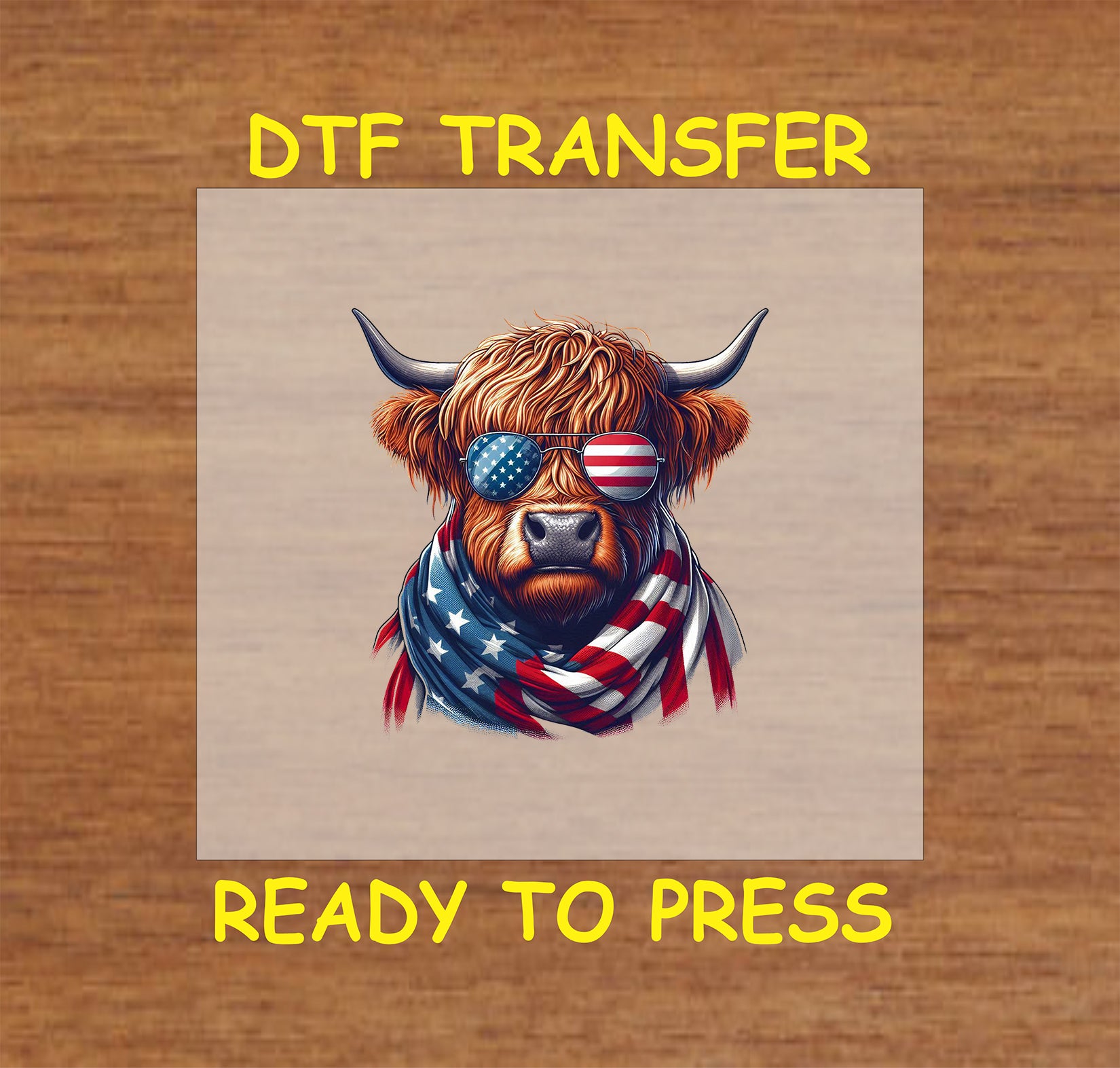 Highland cow DTF transfer with USA flag sunglasses and bandana.