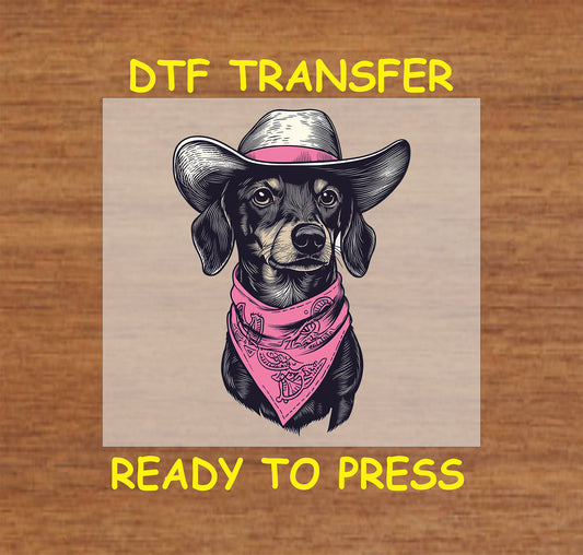 Western dog DTF transfer featuring a cowboy hat and pink bandana.