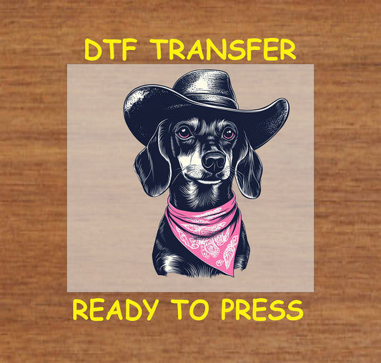 Western dog DTF transfer featuring a cowboy hat and pink bandana.