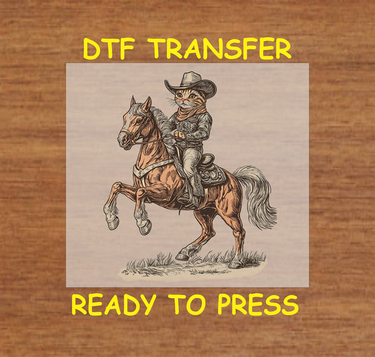 Cowboy cat DTF transfer featuring a cat riding a horse in western cowboy attire.