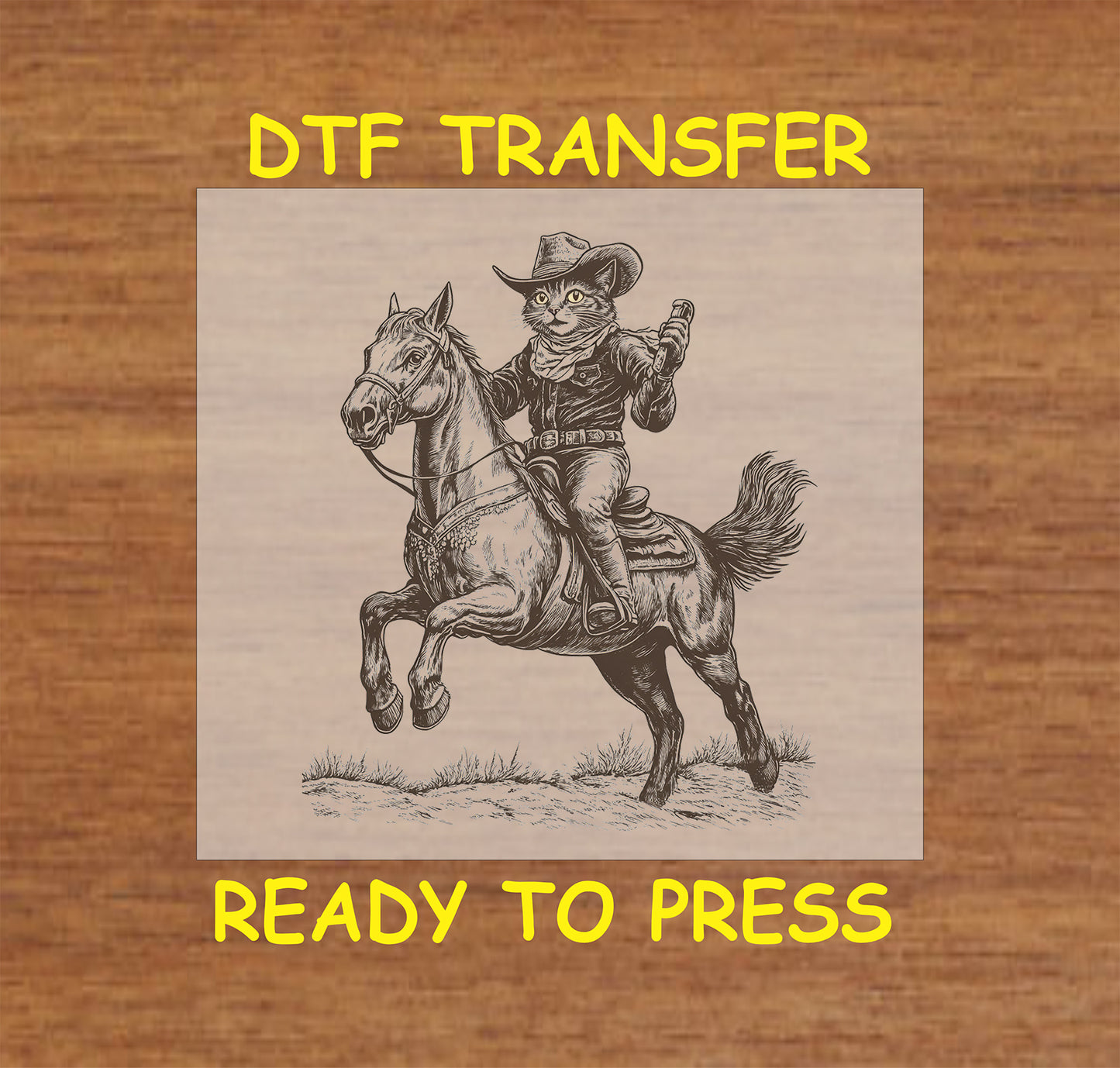 Cowboy cat DTF transfer featuring a cat riding a horse and holding a pistol in a western outfit.