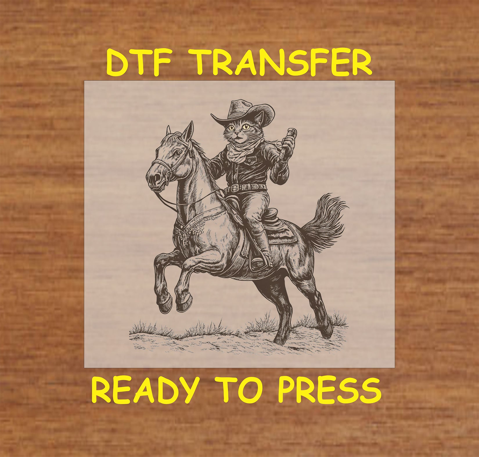 Cowboy cat DTF transfer featuring a cat riding a horse and holding a pistol in a western outfit.