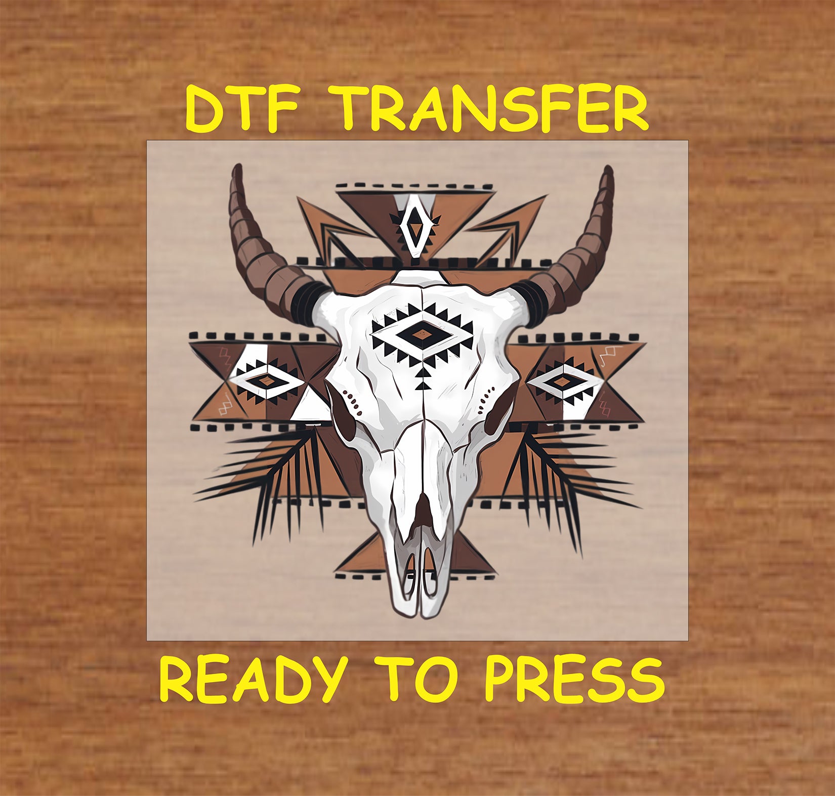 Bull skull DTF transfer with tribal geometric patterns in a western design.