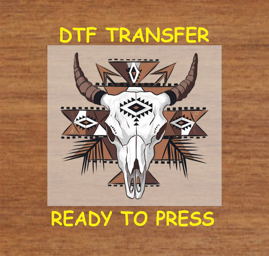 Bull skull DTF transfer with tribal geometric patterns in a western design.