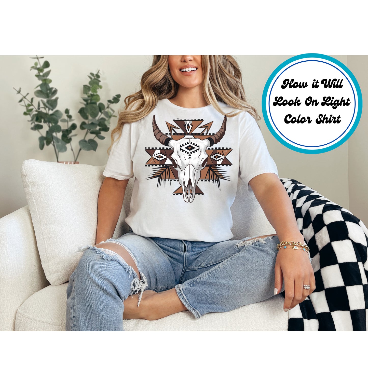 Western DTF Transfer Iron On Heat Transfer - Ready to Press, Southwest Bull Skull DTF Transfer 5639