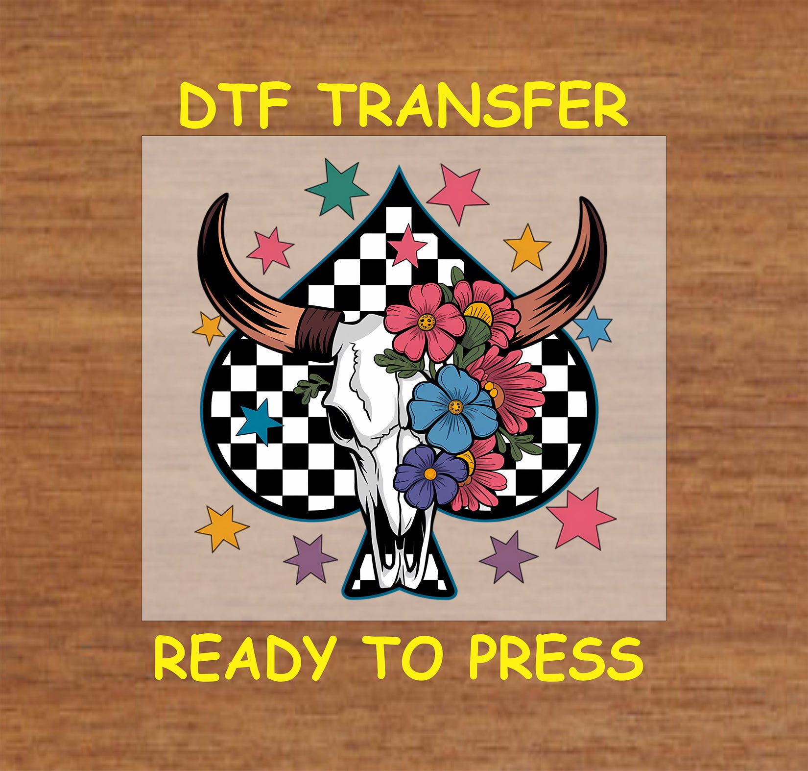 Floral longhorn skull DTF transfer with checkered spade background and colorful stars.