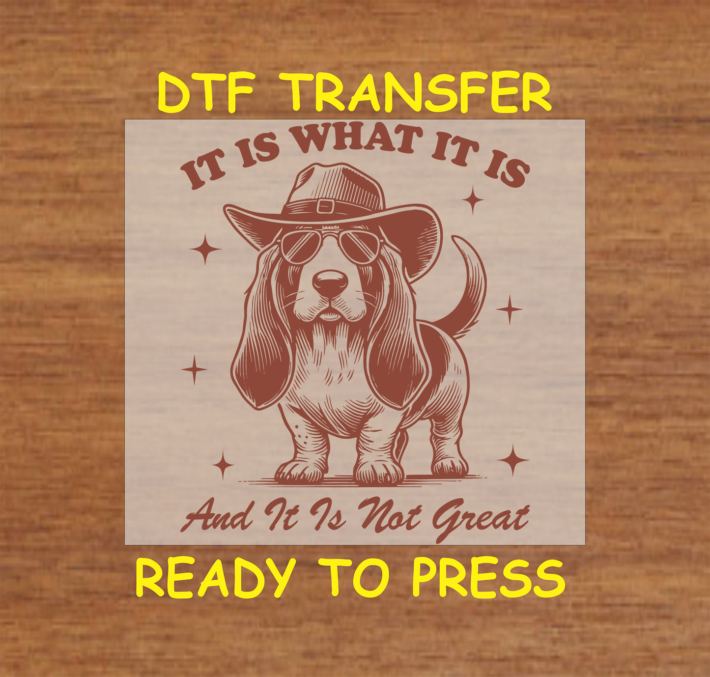 Funny cowboy dog DTF transfer with basset hound wearing a cowboy hat and sunglasses.