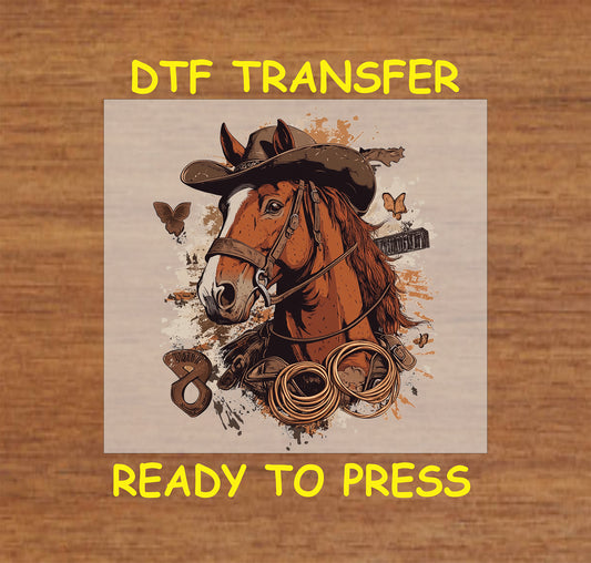 Cowboy horse DTF transfer with a brown horse wearing a cowboy hat, lasso, and rustic western details.