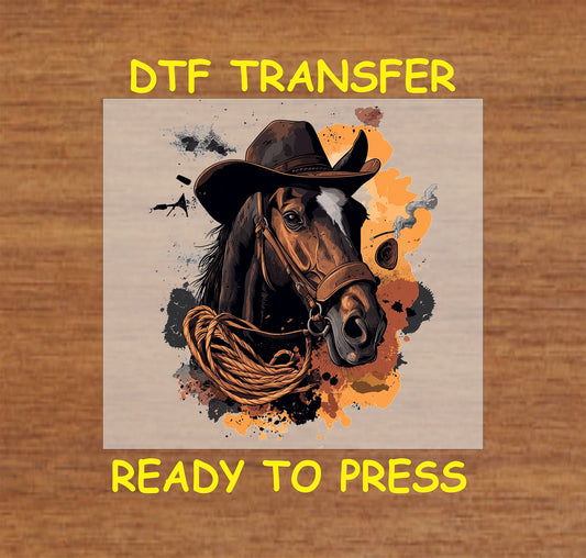 Cowboy horse DTF transfer with a brown horse in a cowboy hat, holding a lasso with western rustic details.