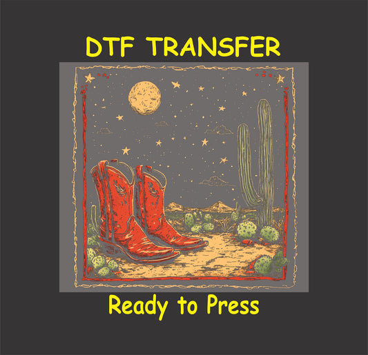 Cowboy boots DTF transfer featuring a desert night scene with cacti and a full moon.