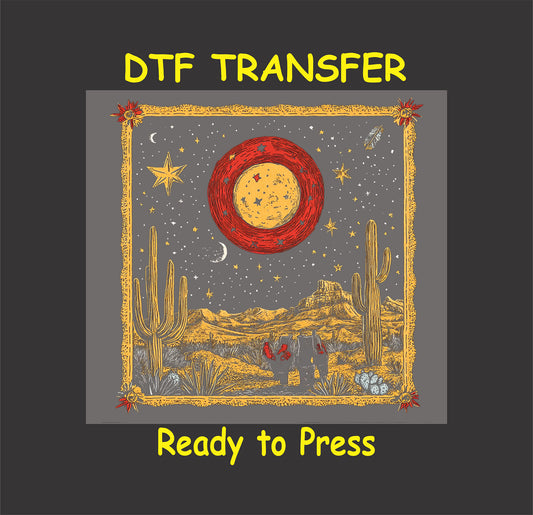 Western desert sun DTF transfer with a red sun, cacti, mountains, and cowboys in a vintage-style print.