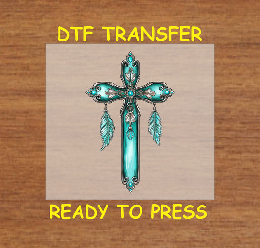 Turquoise Western Cross DTF transfer with ornate details and feathers.