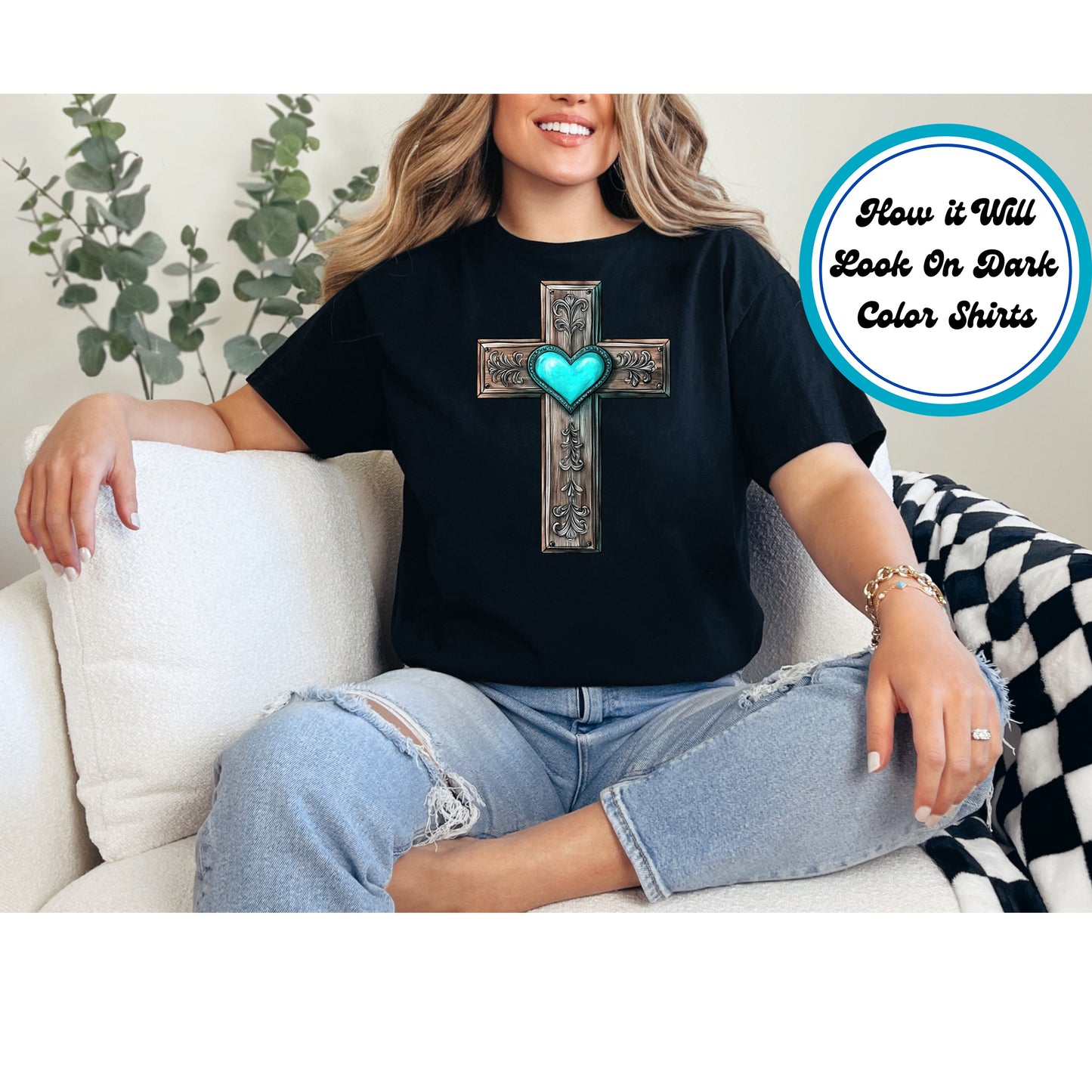 Western DTF Transfer Iron On Heat Transfer - Ready to Press, Rustic Turquoise Cross DTF Transfer 5665