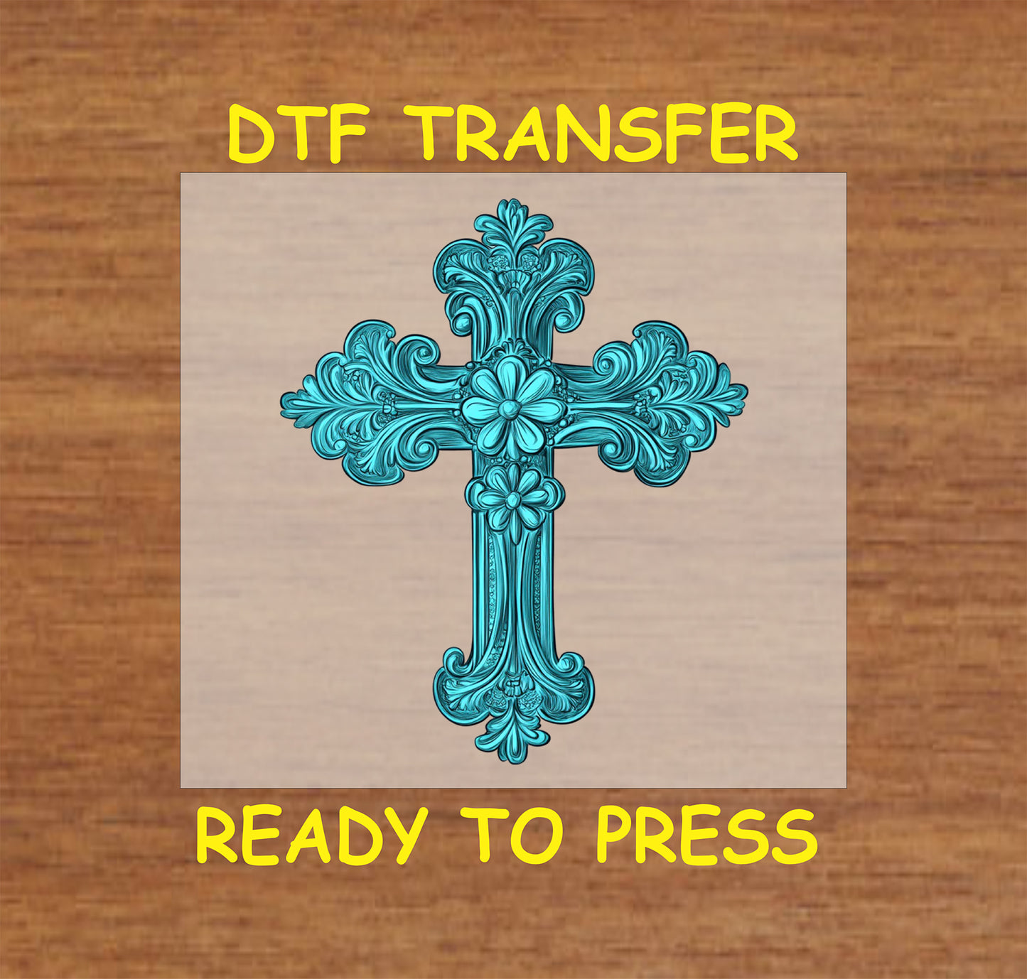 Floral turquoise cross DTF transfer with ornate western-style engravings.
